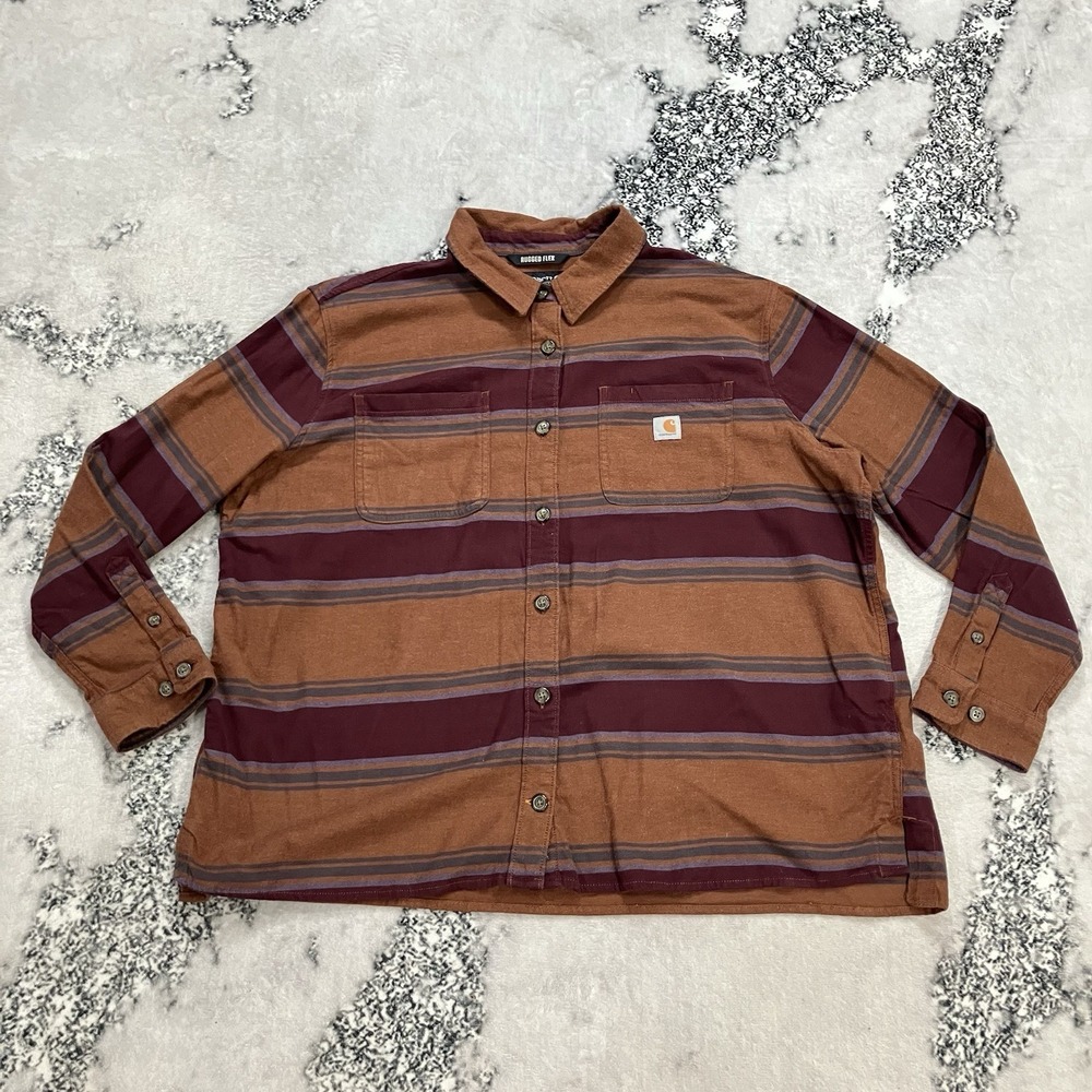 Carhartt Rugged Flex Loose Fit Striped Flannel Work Shirt 2X Brown Burgundy